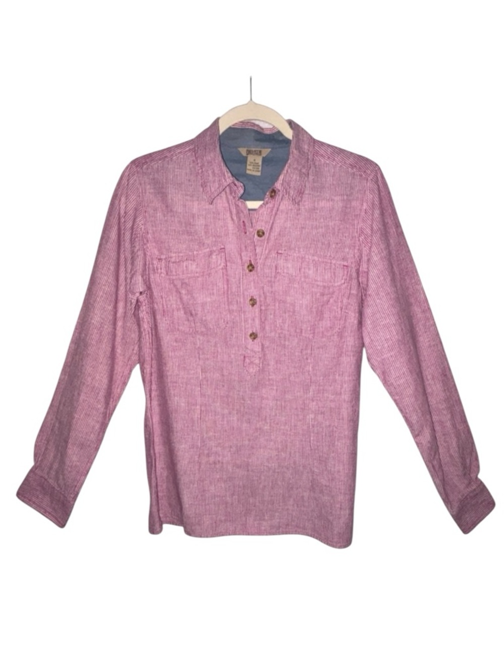 Duluth Trading Co Artisan Hemp Long Sleeve Shirt Dark Pink White Stripe